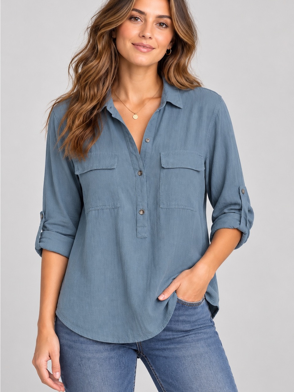 🌊 Falls Creek Blue Linen Blend Utility Popover Shirt Medium